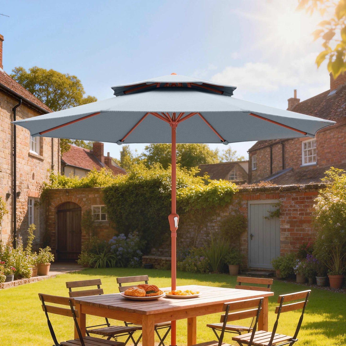 Outsunny 2.7m Garden Parasol With Double Top Canopy Outdoor Market Table Umbrella Crank System Light Grey