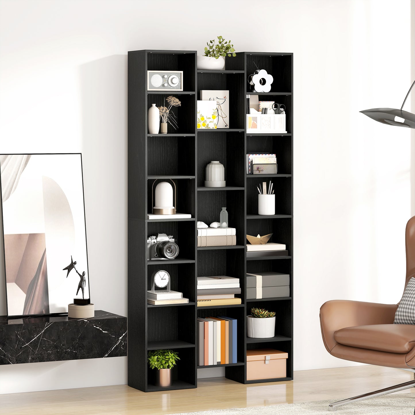 HOMCOM 21 Compartment Tall Bookshelf with Adjustable Shelves Black Finish for Living Rooms