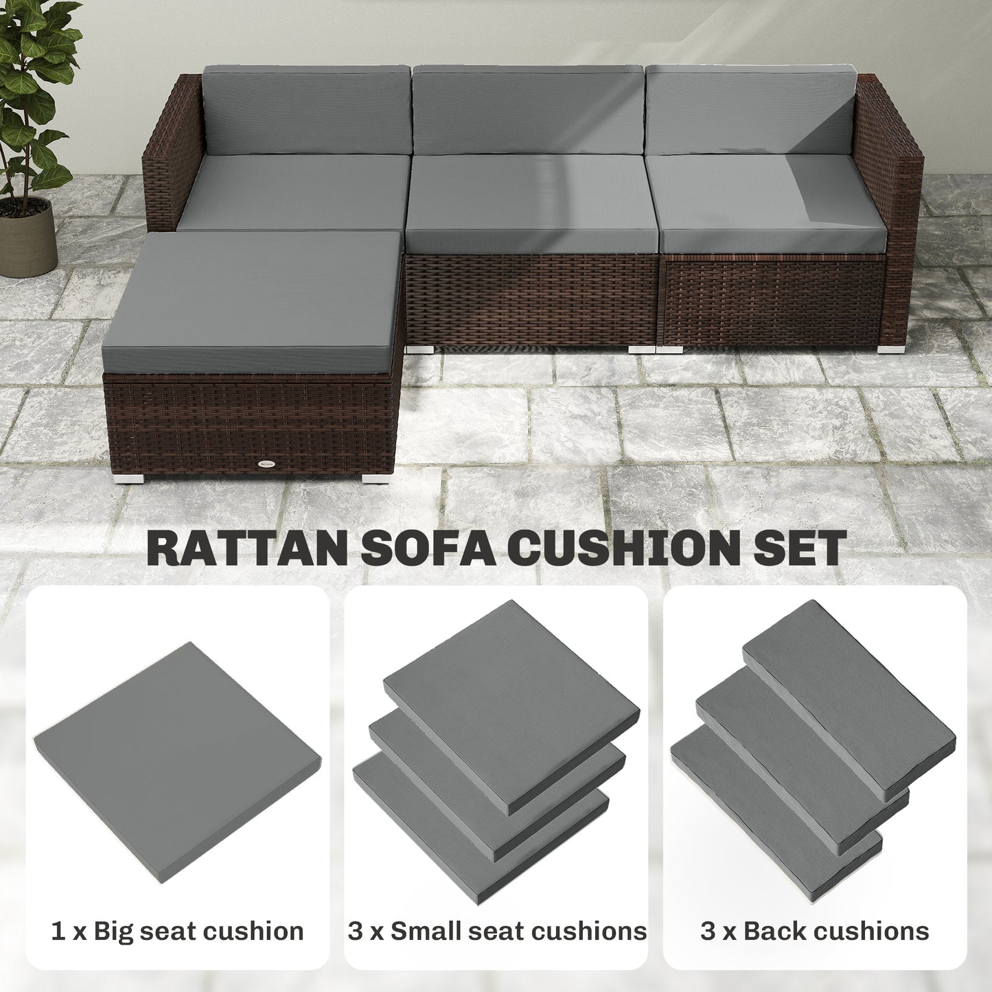 Outsunny 7 Piece Patio Cushions For Outdoor Loveseat With Removable Covers For Rattan Furniture 60x60 cm Dark Grey