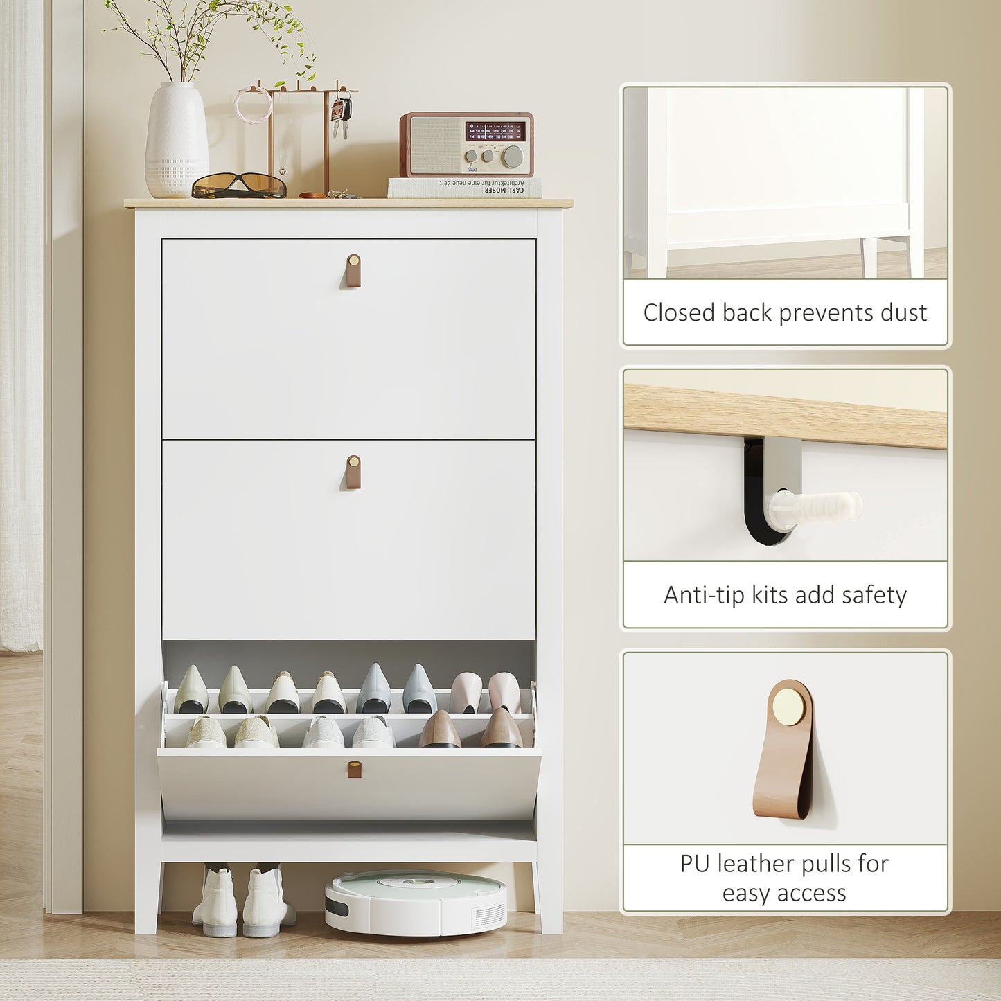 HOMCOM Modern Three Drawer White Shoe Cabinet Slim Storage Unit Holds Up To Twenty One Pairs Of Shoes