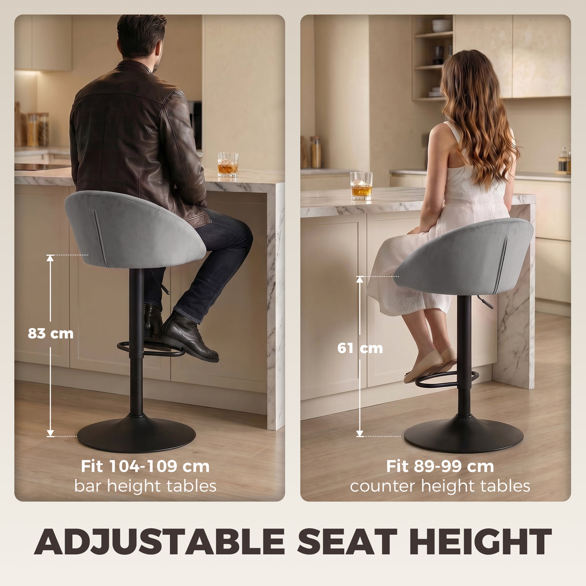 Adjustable bar stool with light gray seat, curved back, and black height-control pedestal