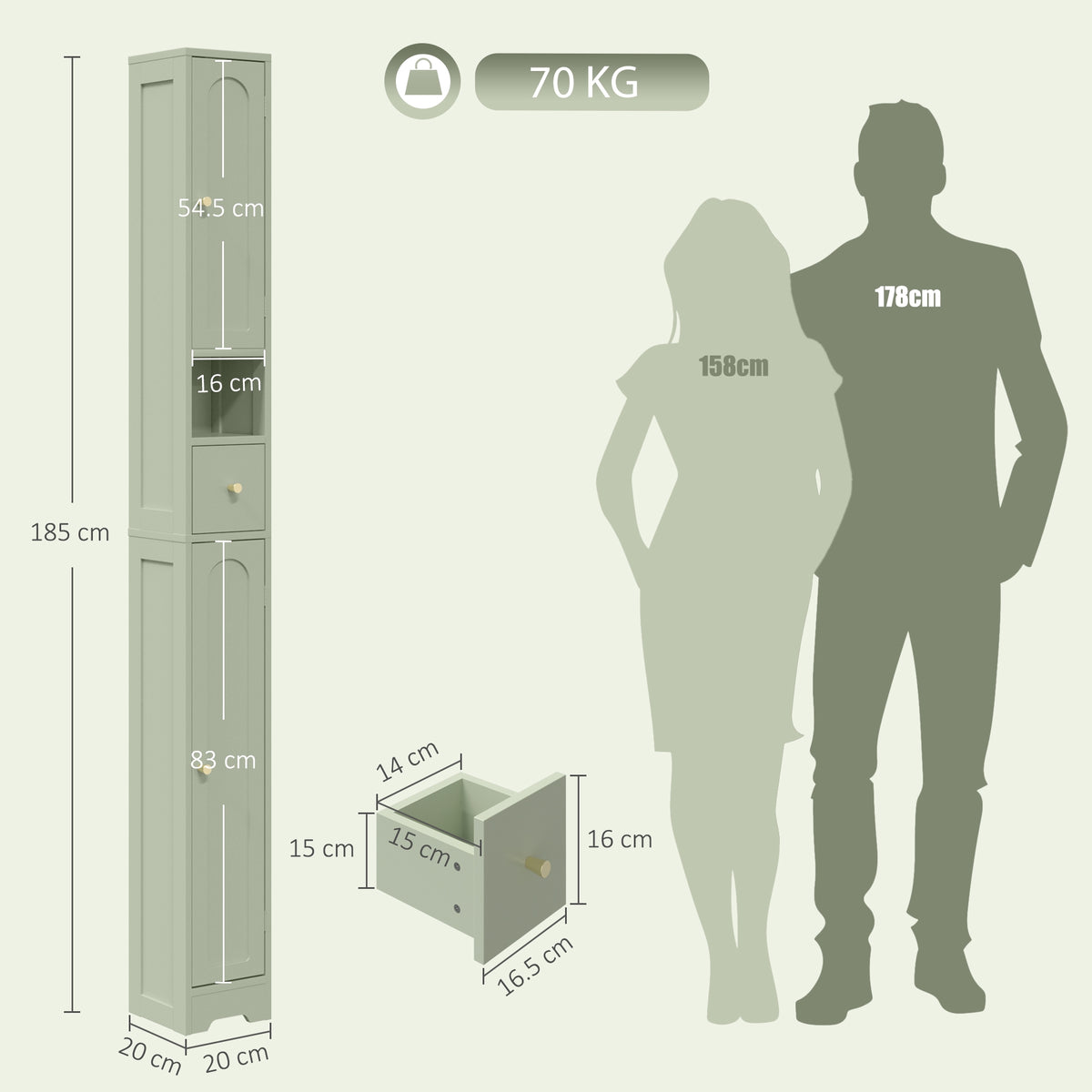 Light green tall bathroom cabinet size diagram with arched door compartments.