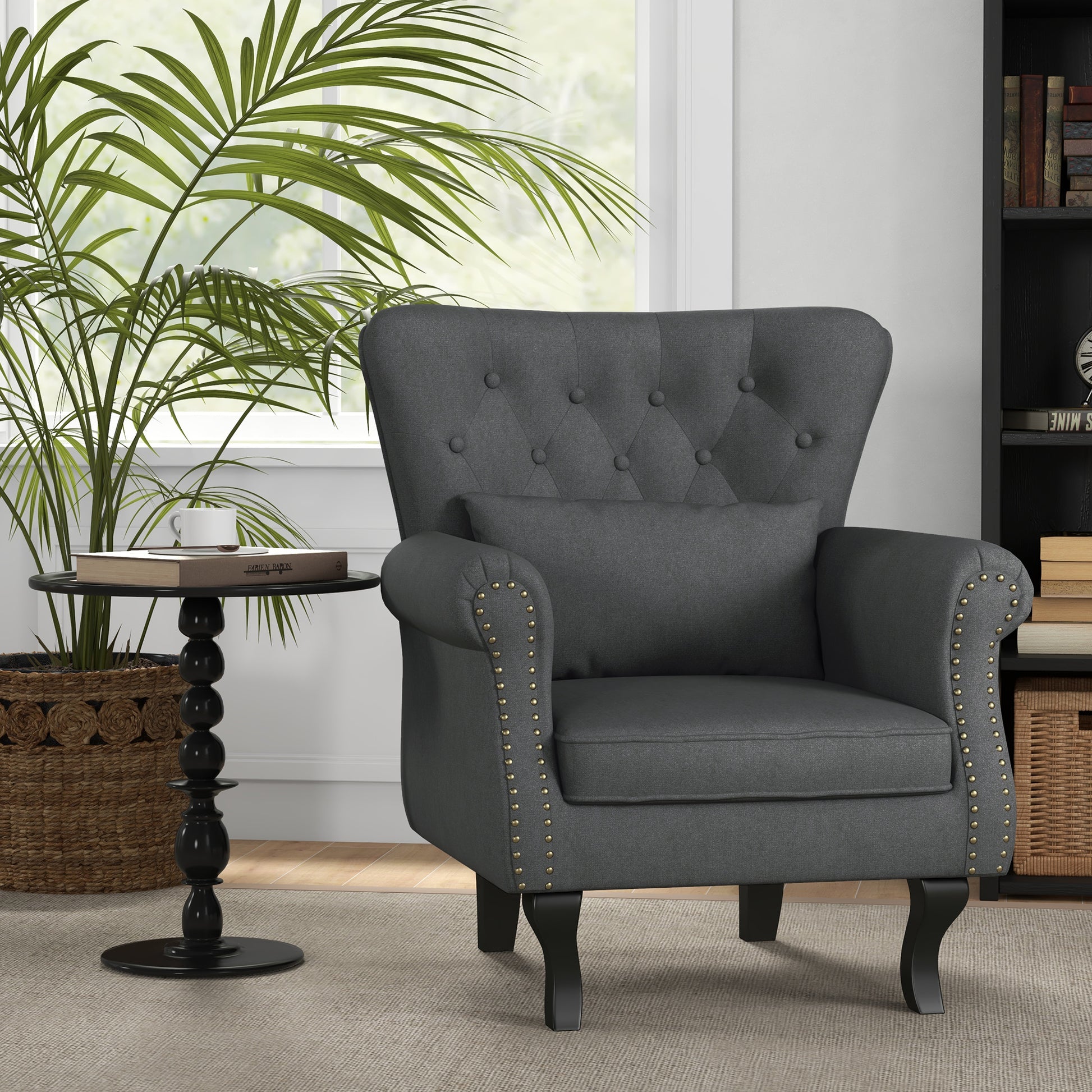 HOMCOM Chic Dark Grey Chesterfield Wingback Accent Chair with Tufted Upholstery and Lumbar Pillow - ALL4U RETAILER LTD