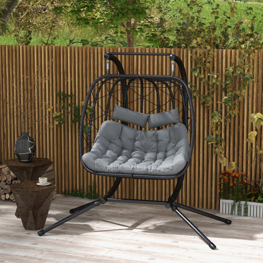 Outsunny Outdoor PE Rattan Double-seater Swing Chair w/ Thick Padded Cushion, Patio Hanging Chair for 2 w/ Metal Stand, Headrest, Black - ALL4U RETAILER LTD