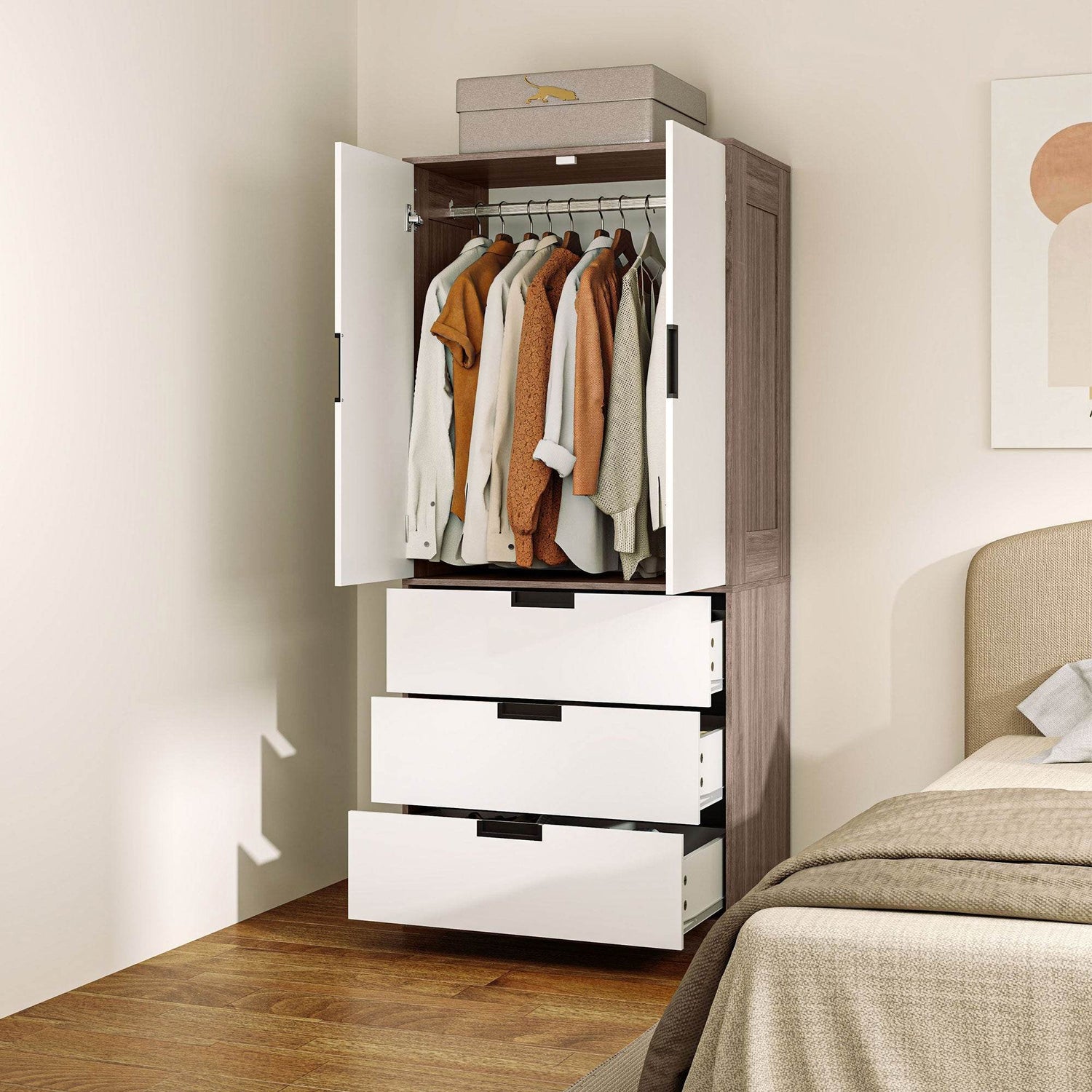Modern Brown and White 2-Door Wardrobe with 3 Drawers and Hanging Rod for Stylish Bedrooms - ALL4U RETAILER LTD