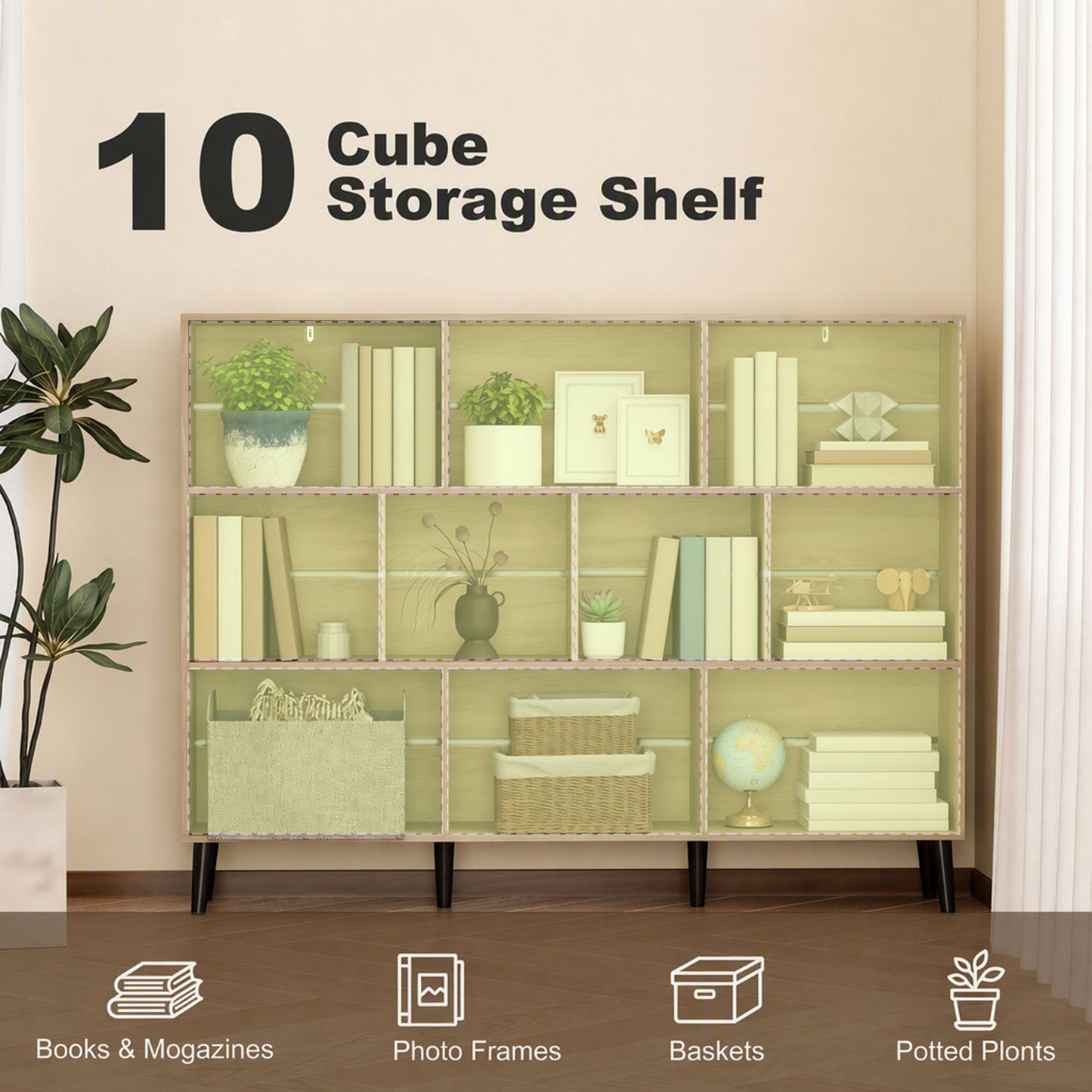 HOMCOM 10 Cube Modern Bookcase With Solid Wood Legs And Anti Tip Kit In Oak