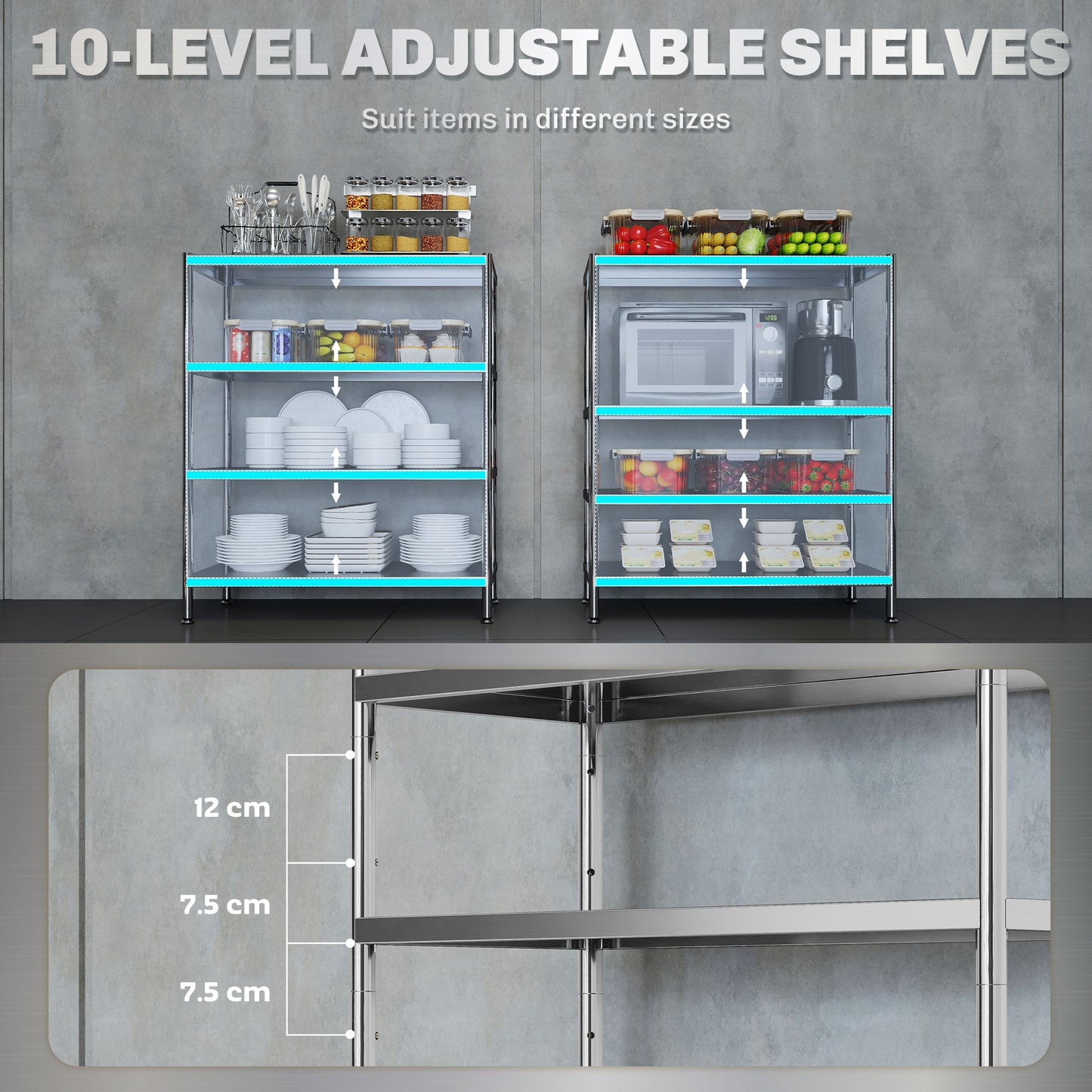 HOMCOM 4 Tier Stainless Steel Bakers Rack With Storage For Small Spaces And Microwave Stand Adjustable Shelves