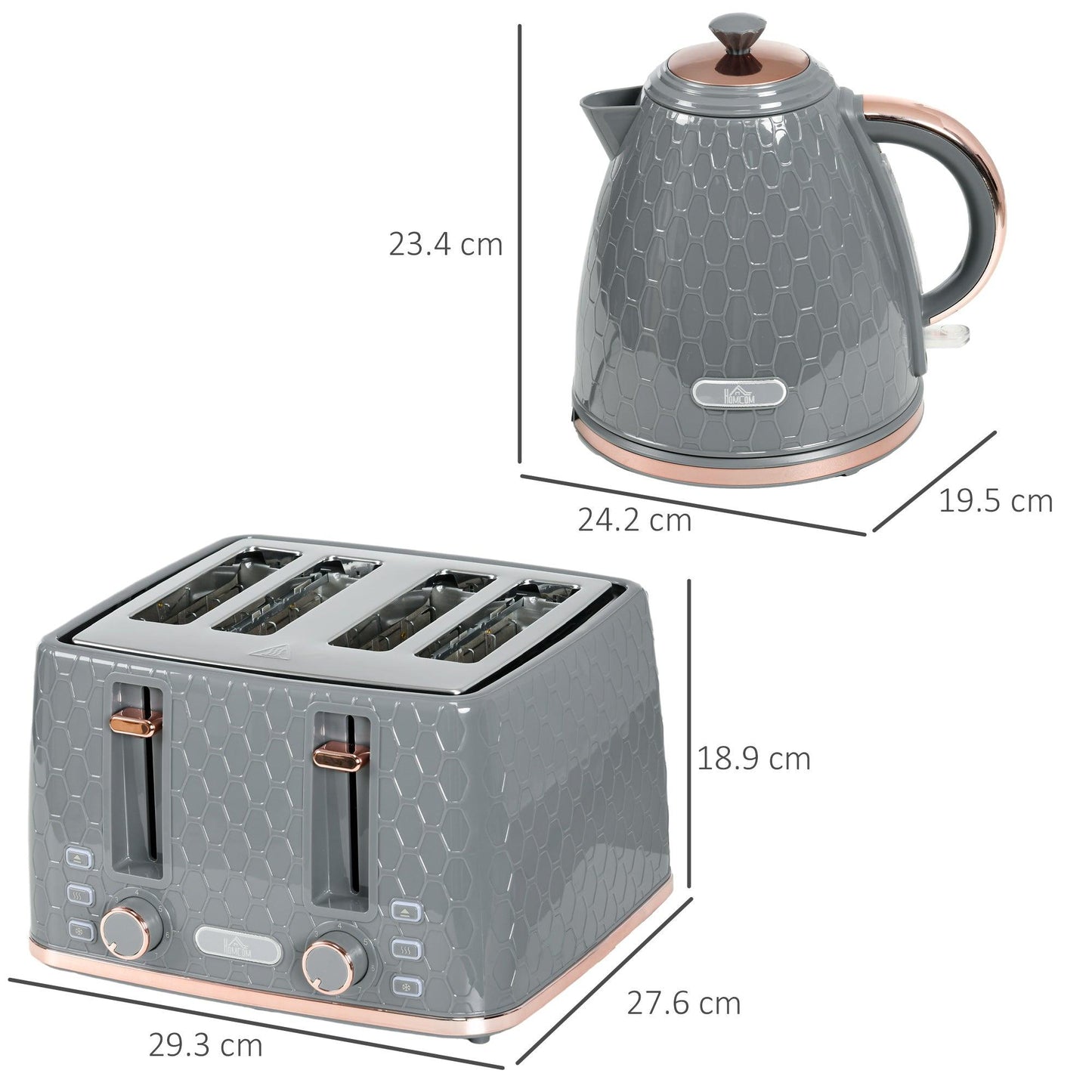 HOMCOM 1.7L 3000W Fast Boil Kettle & 4 Slice Toaster Set, Kettle and Toaster Set with 7 Browning Controls, Crumb Tray, Grey - ALL4U RETAILER LTD