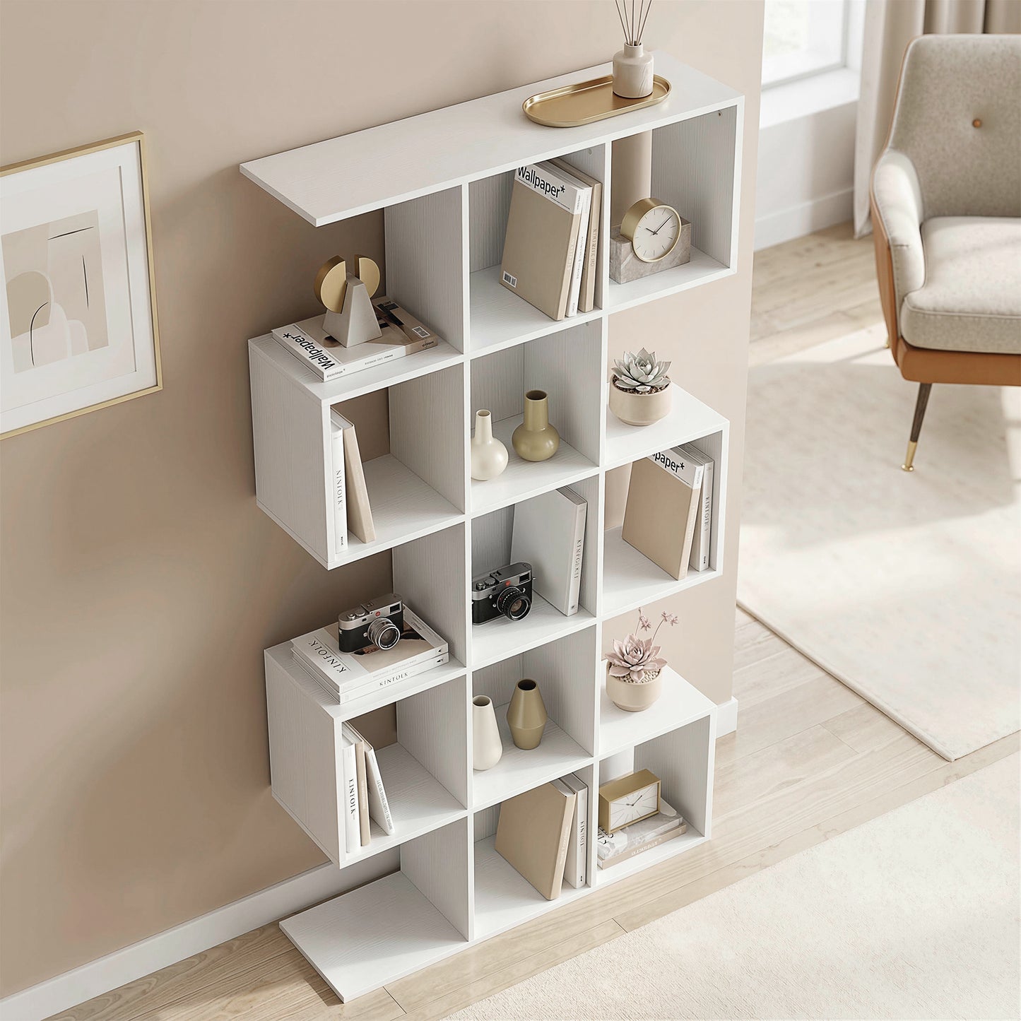 HOMCOM 5 Tier S Shaped Geometric Bookcase With 15 Compartments White Wood Effect Bookshelf