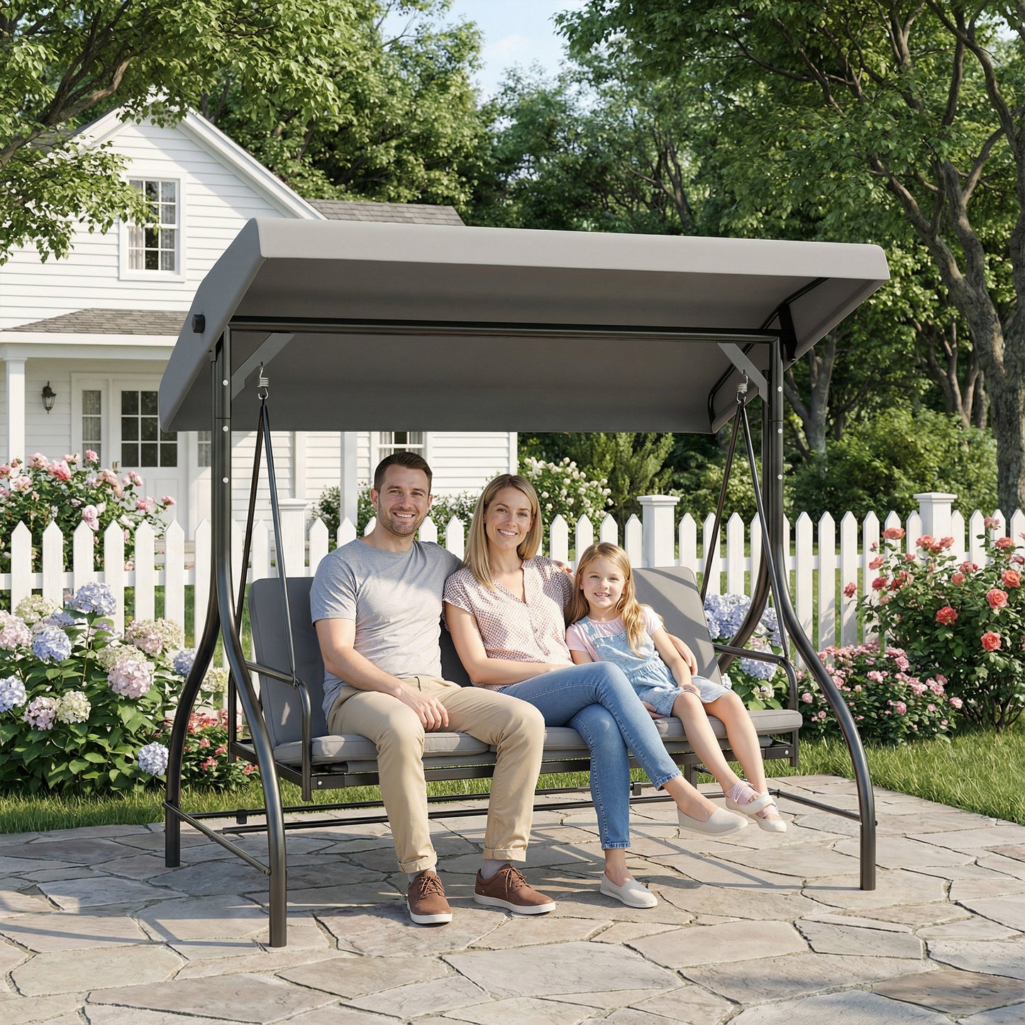 Outsunny 3 Seater Canopy Swing Chair 2 In 1 Garden Swing Seat Bed With Adjustable Canopy And Metal Frame Light Grey