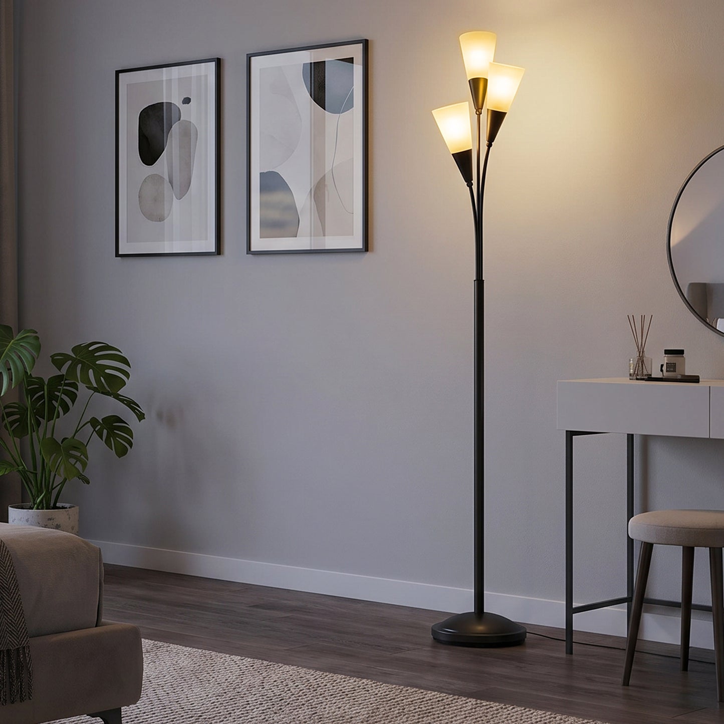 HOMCOM Modern Standing Lamp 3 Light Upright Floor Lamp for Living Room Black with Cone Shades