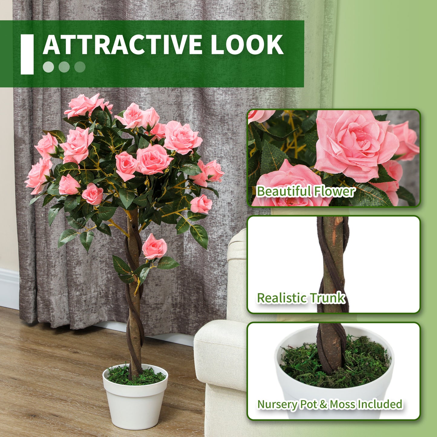 Outsunny Set Of 2 Artificial Pink Rose Plants In Pots 90cm Tall For Home Indoor Decor