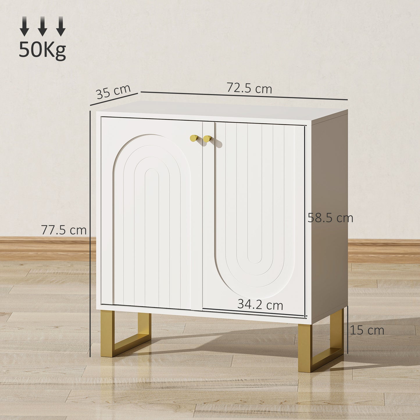 HOMCOM 2 Door Sideboard Storage Cabinet White Adjustable Three Level Shelf Arched Doors And Golden Accents Living Room