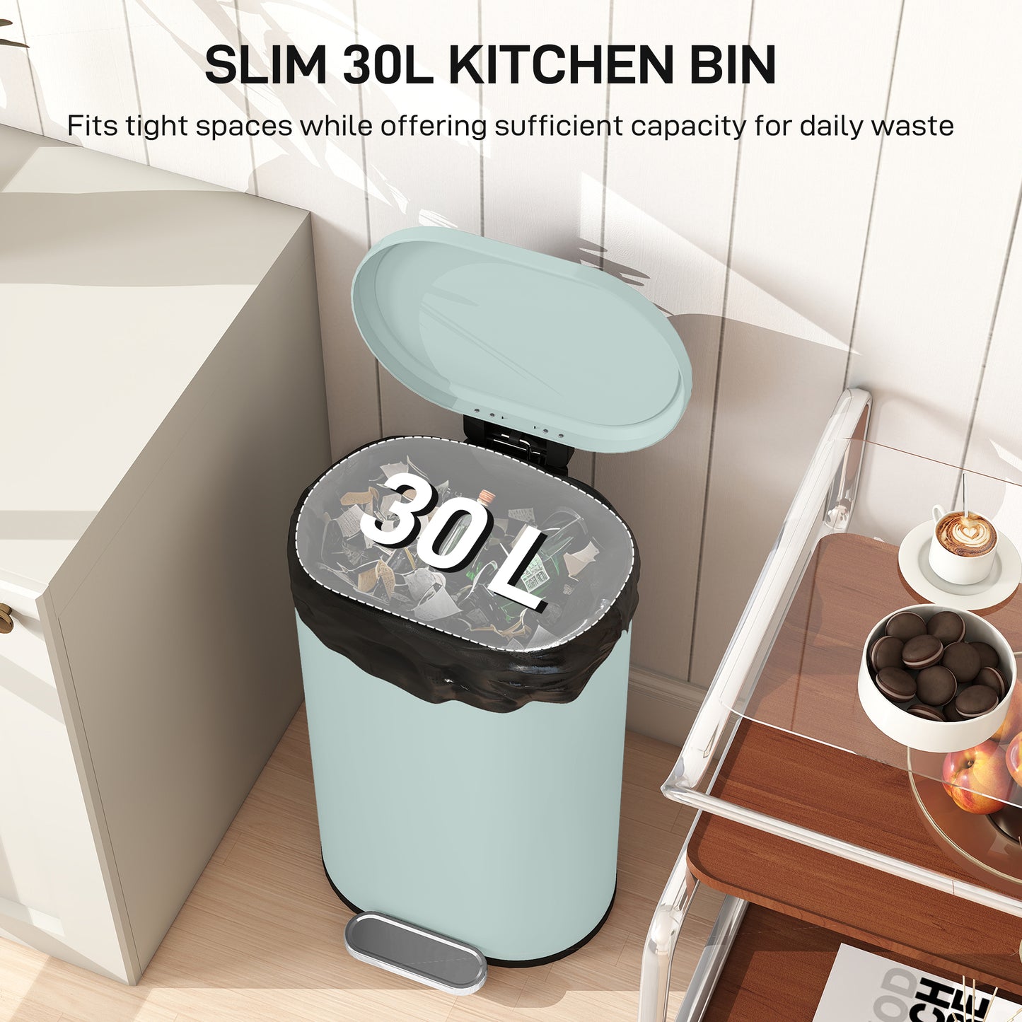HOMCOM 30L Modern Curved Kitchen Pedal Bin With Soft Close Lid And Fingerprint Resistant Metal Green