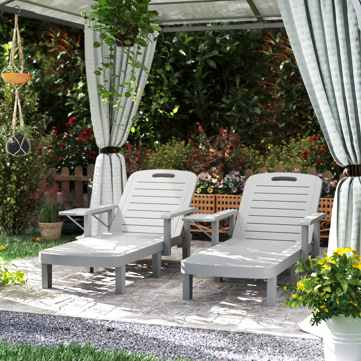 Outsunny Set Of 2 Resin Sun Loungers For Garden 5 Position Adjustable With WoodTexture Foldable Side Table Light Grey