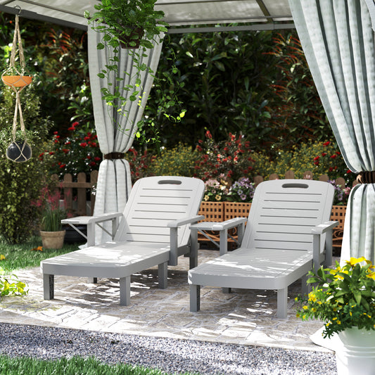 Outsunny Set Of 2 Resin Sun Loungers For Garden 5 Position Adjustable With WoodTexture Foldable Side Table Light Grey