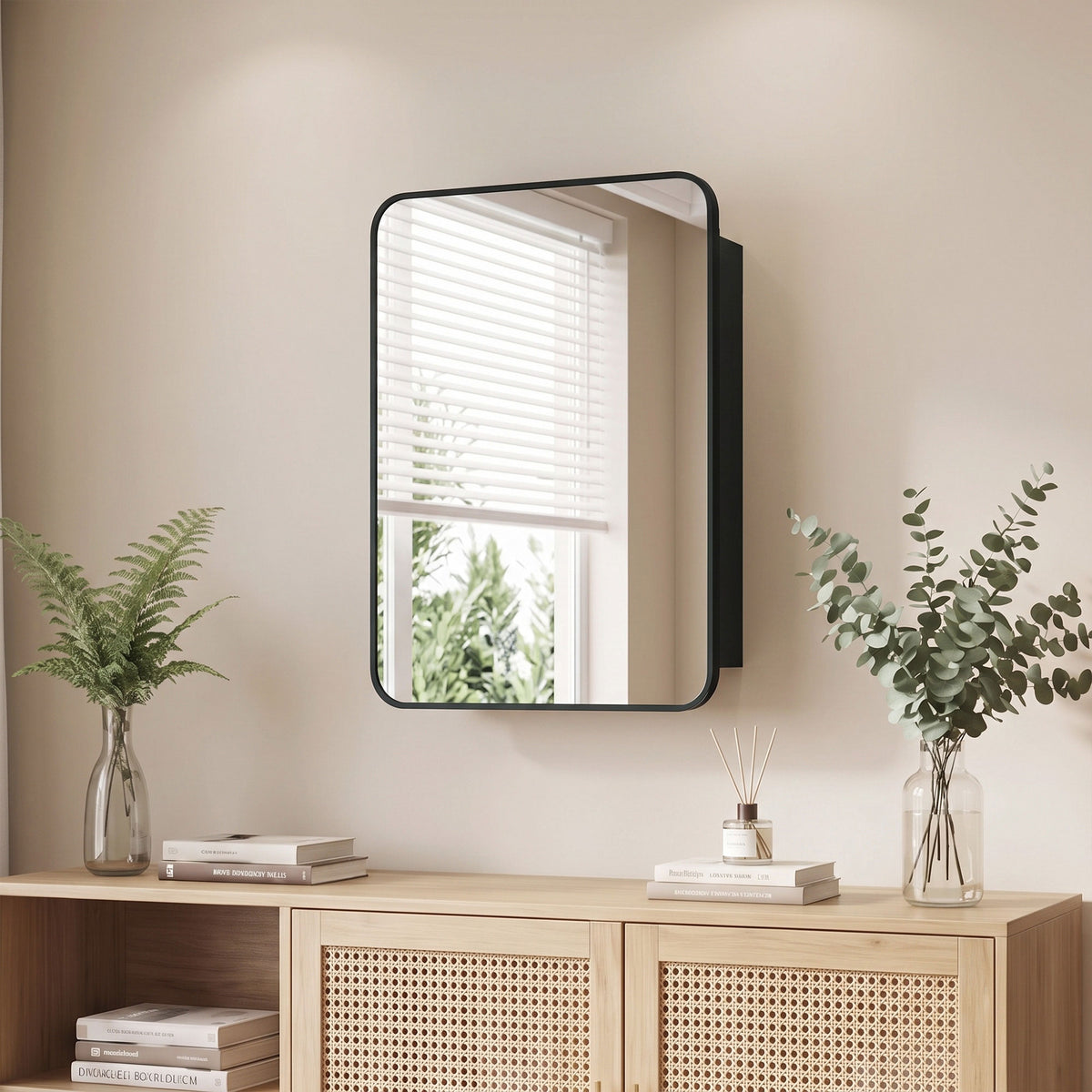 Black-framed wall mirror cabinet above a bathroom vanity with visible countertop storage