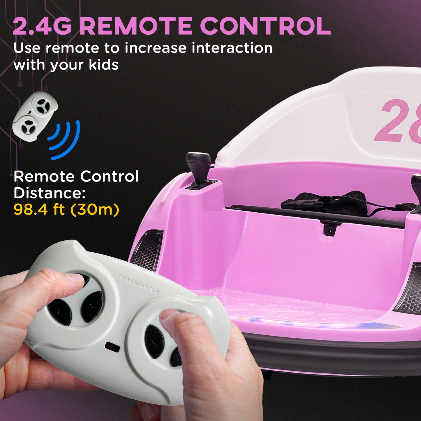 AIYAPLAY 360° Rotating Kids Bumper Car with Remote Control, Dual Joysticks, and LED Music Lights - Pink