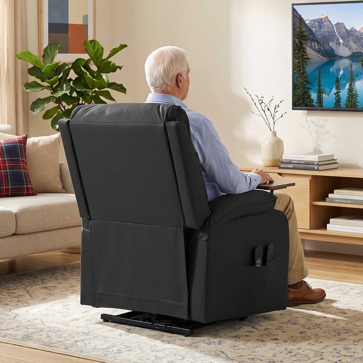 Electric lift recliner with back view and side pocket storage detail