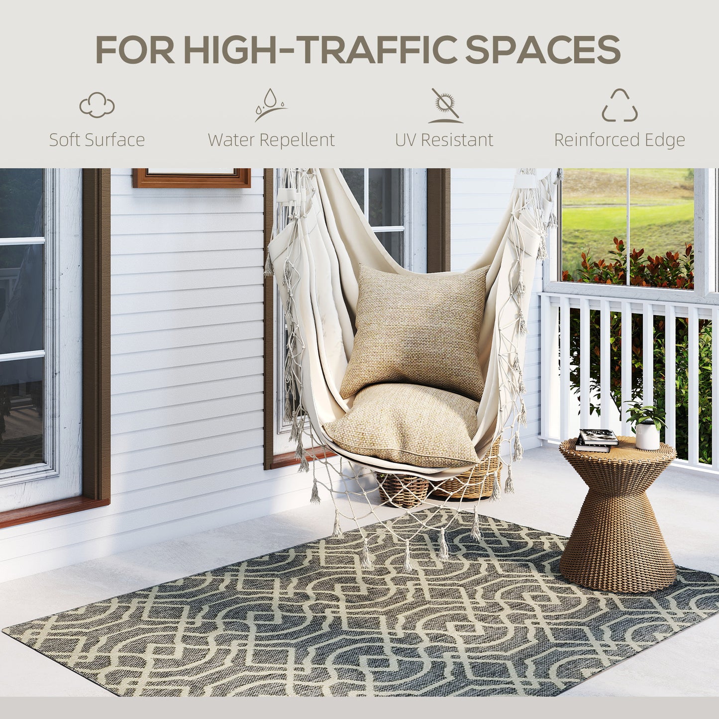 Homcom UV Resistant Indoor Outdoor Area Rug Polypropylene Geometric Pattern Washable 170 by 120 cm Grey