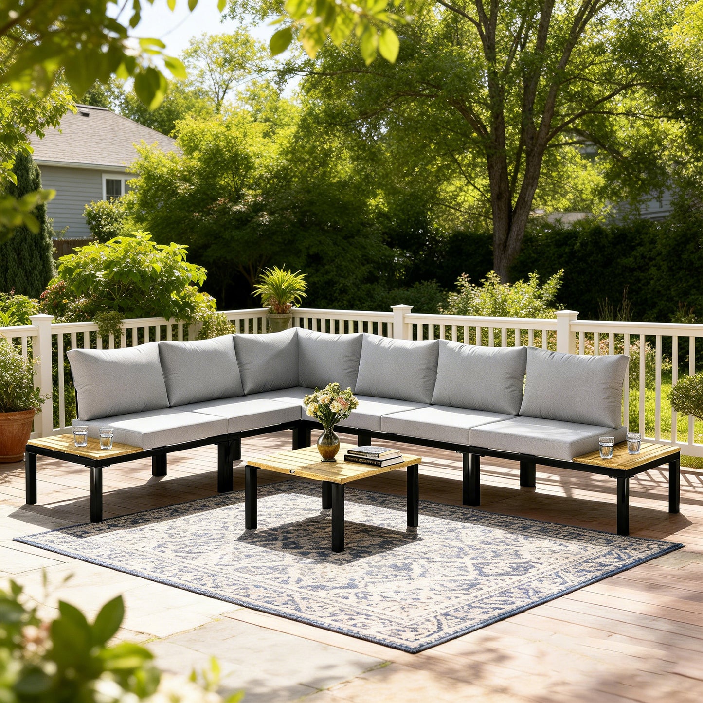 Outsunny 6 Piece Garden Corner Sofa Set With Loveseat Integrated Side Table And Coffee Table Modular Outdoor Furniture