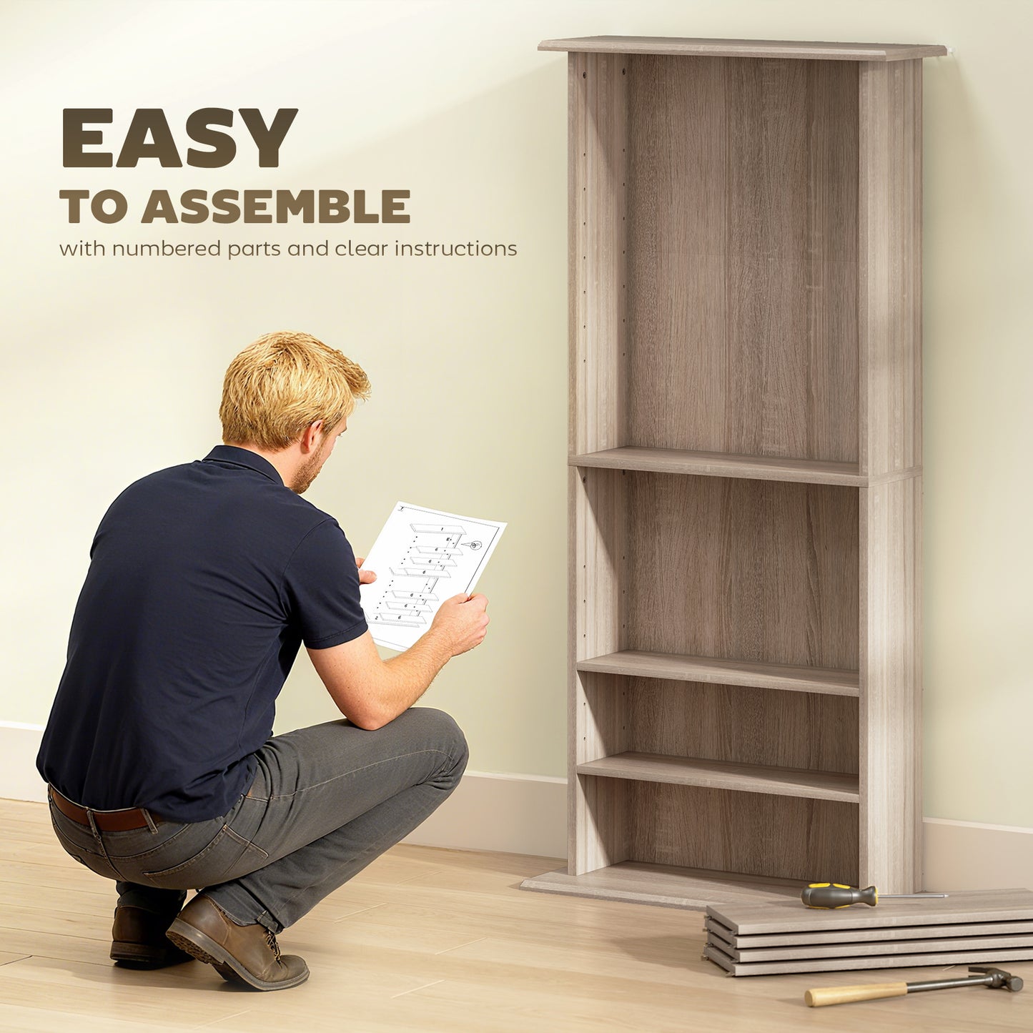 HOMCOM 360 CD DVD Storage Unit Natural Wood Finish With 8 Shelves Adjustable Shelf Space And Anti Tip Straps