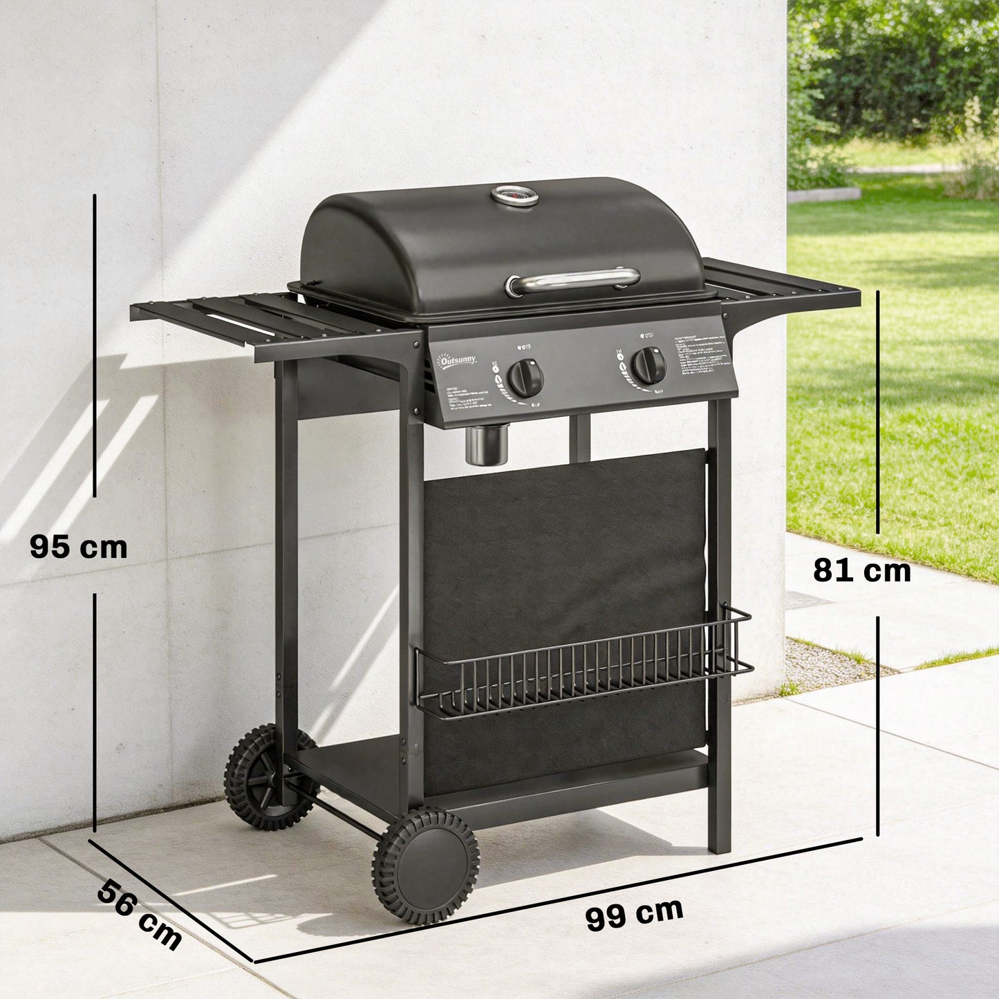 Outsunny Two Burner Gas Grill With Side Tables Warming Rack Thermometer Grease Tray Black