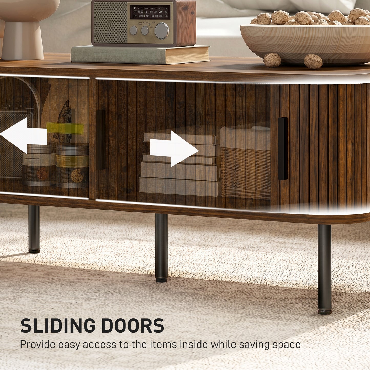 HOMCOM Coffee Table With Storage Slatted Tambour Sliding Doors Elevated Base Rustic Brown For Living Room