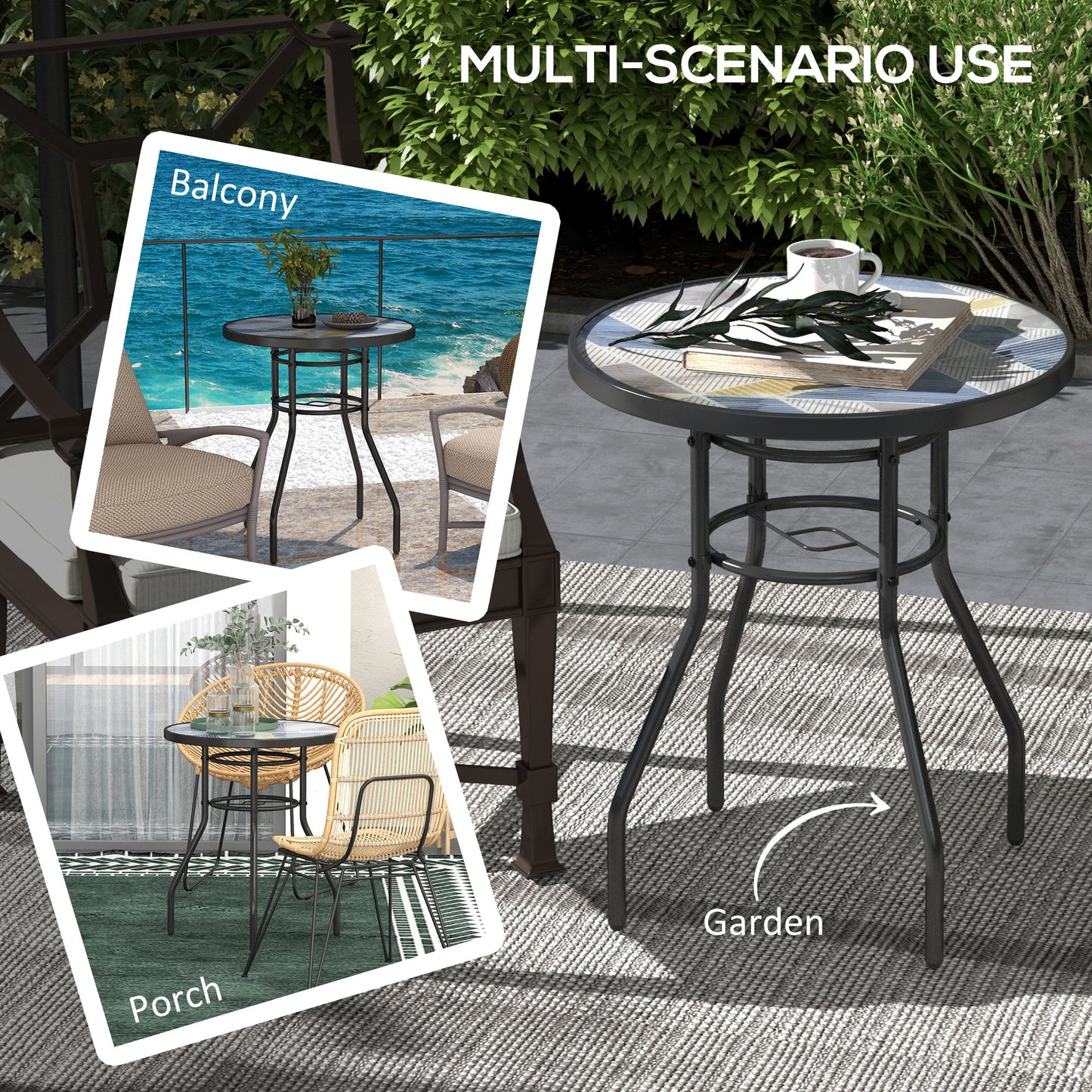 Outsunny Charming Multicolour Tempered Glass Garden Table with Steel Frame for Outdoor Spaces - ALL4U RETAILER LTD