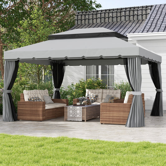 Outsunny 4m x 3m Aluminium Garden Gazebo Marquee Canopy Shelter With Nets And Curtains Light Grey