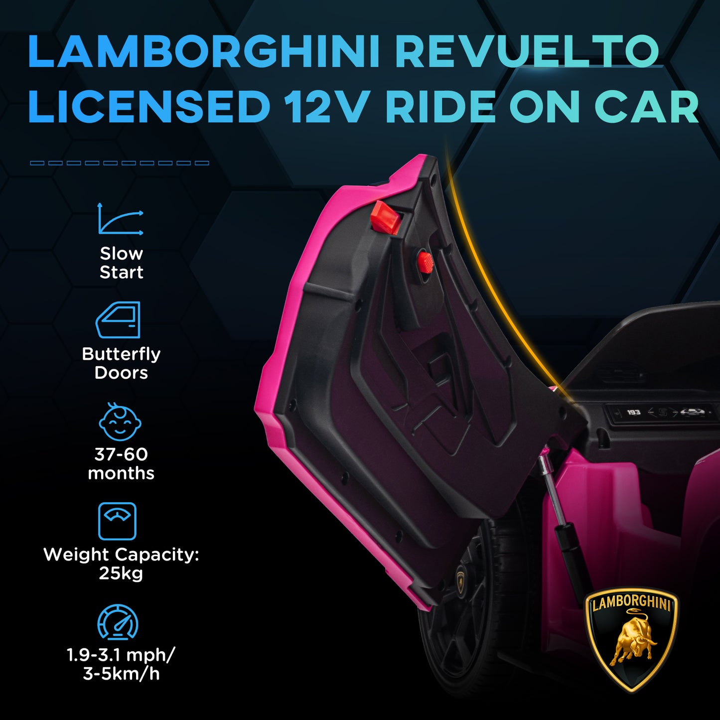 AIYAPLAY Licensed 12V Lamborghini Revuelto Ride-On Car with Butterfly Doors, Suspension, Remote Control - Pink