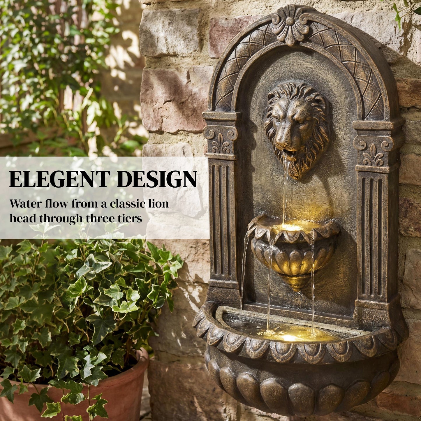 Outsunny Wall Mounted Water Fountain 3 Tier Cascading Waterfall LED Lights And Adjustable Flow For Patio Rustic Brown
