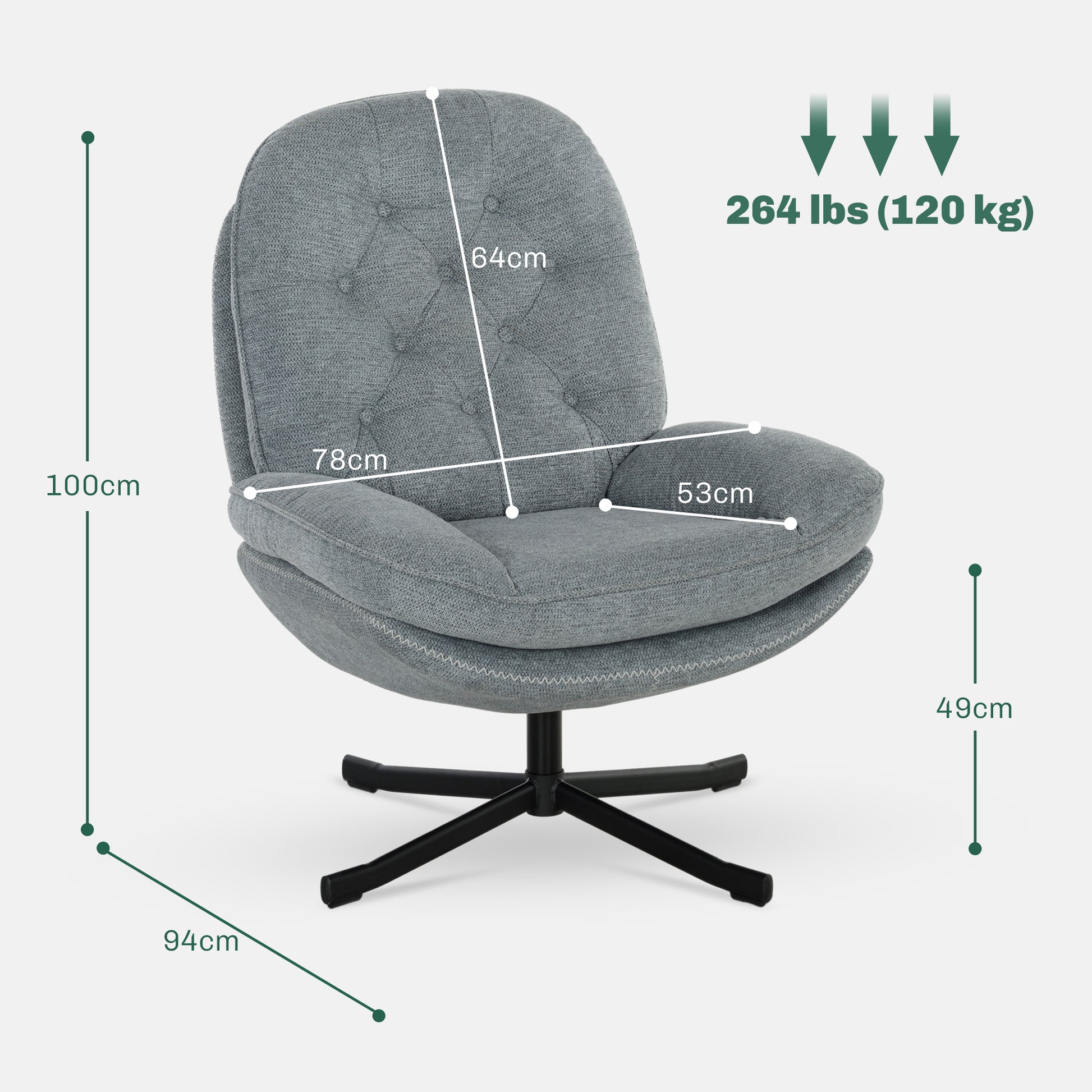 HOMCOM Grey Chenille 360° Swivel Armchair with Padded Seat and Modern Design for Living Room, Bedroom, and Office - ALL4U RETAILER LTD