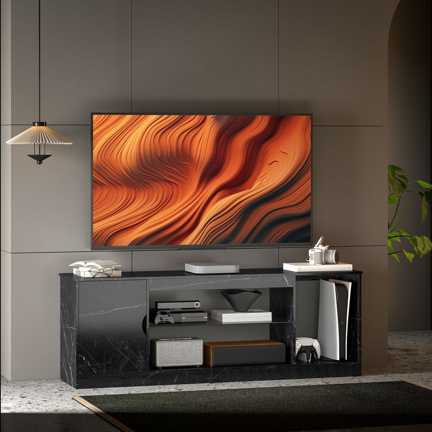 HOMCOM TV Stand Cabinet Black Marble Effect With Glass Shelf Storage Cabinet Entertainment Unit Up To 55 Inch TVs