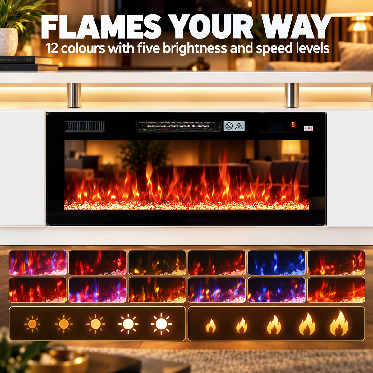 Electric fireplace TV stand with front flame window and control panel with glowing indicators