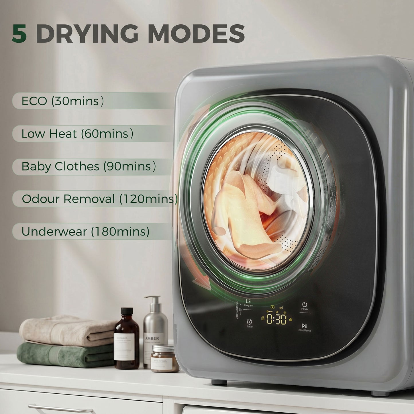 HOMCOM 4kg Vented Tumble Dryer 5 Drying Modes 800W Compact Freestanding Front Tumble Dryer Silver