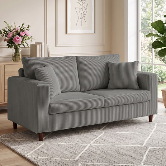 Light grey corduroy 2-seater loveseat sofa with wide arms and striped seat cushions