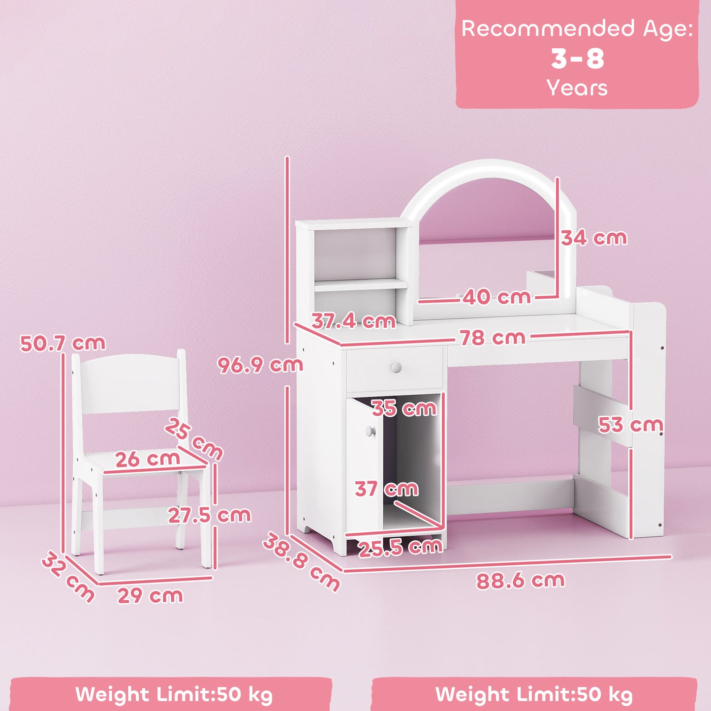 AIYAPLAY Girls Dressing Table And Chair Set With 2 Colour LED Mirror Stool Cabinet Drawers And Shelves White