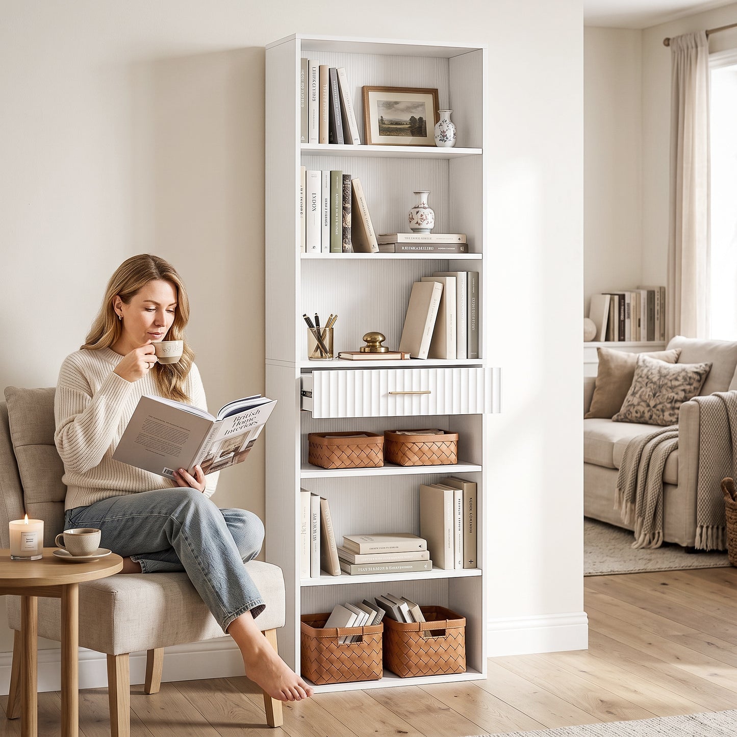 Homcom Tall Narrow Bookshelf With Drawer 7 Tier White Storage Rack