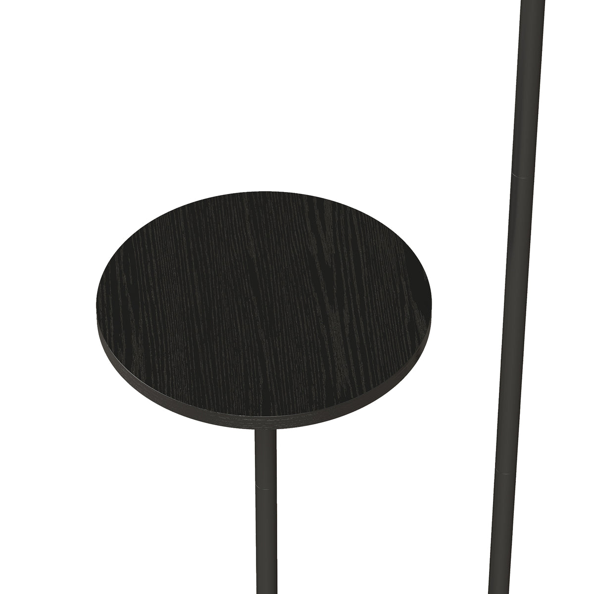 Round black side shelf top for a floor lamp with curved stand