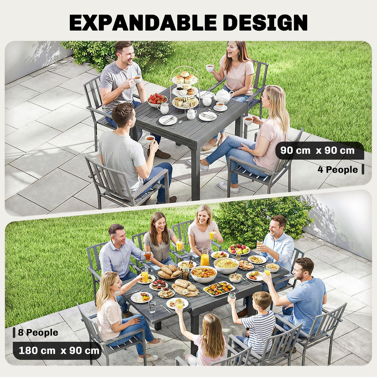 Outsunny Extending Outdoor Garden Table For 4 To 8 People With Slatted Aluminium Top Dark Grey