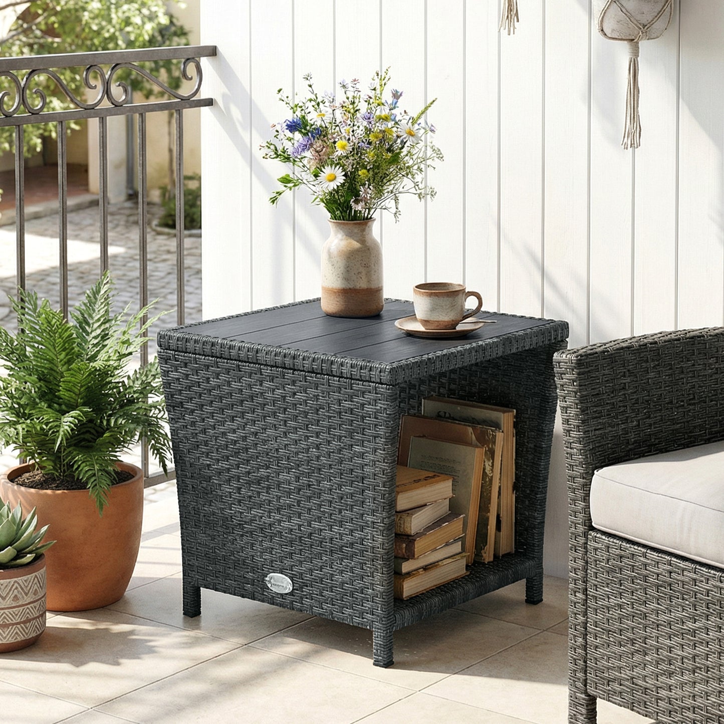 Outsunny 2 Tier Outdoor Side Table With Storage Shelf PS Wood Slat Top Grey Patio Coffee Table
