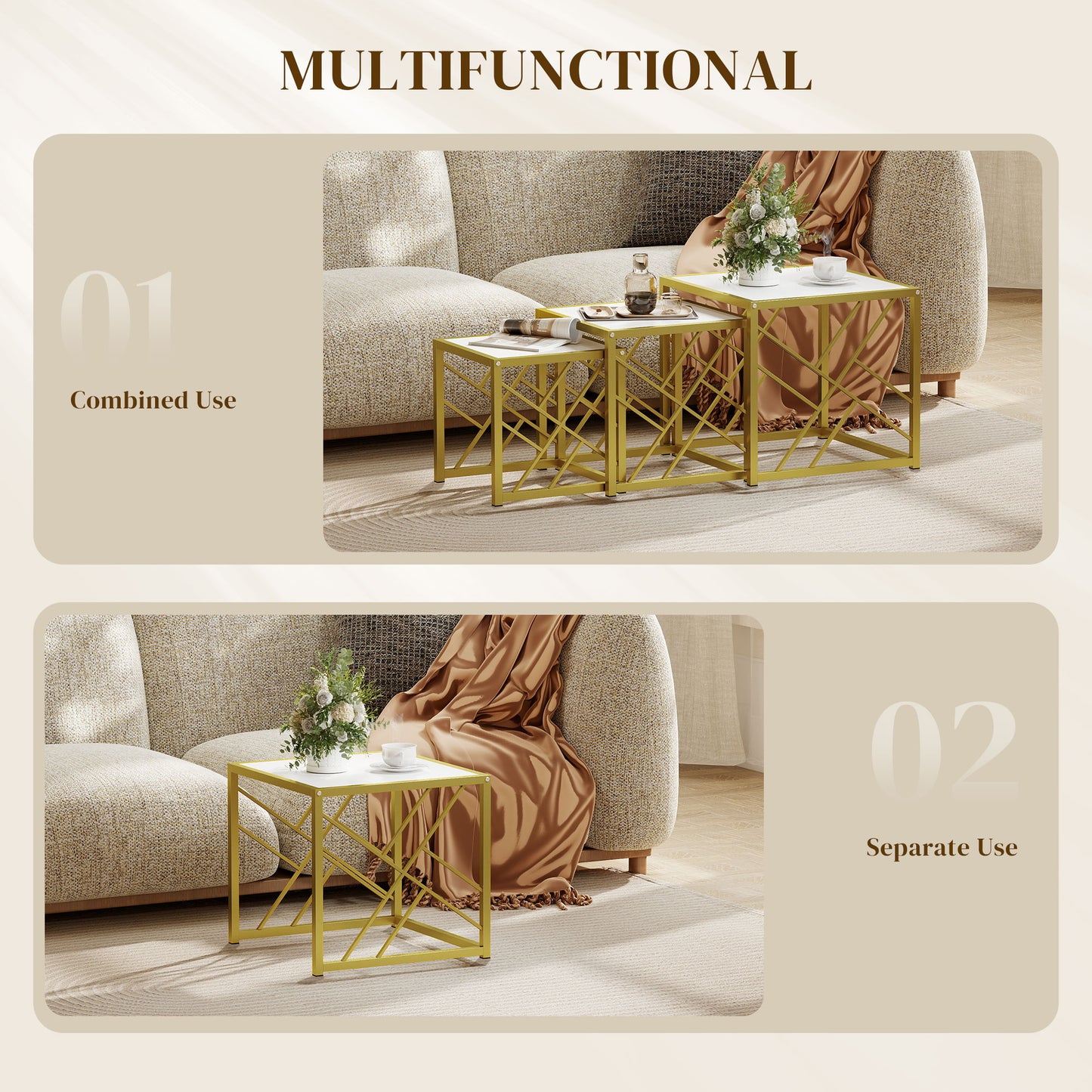 HOMCOM Nesting Coffee Tables Set of 3 Square Side Tables With Black Metal Frame White Finish For Living Room Office