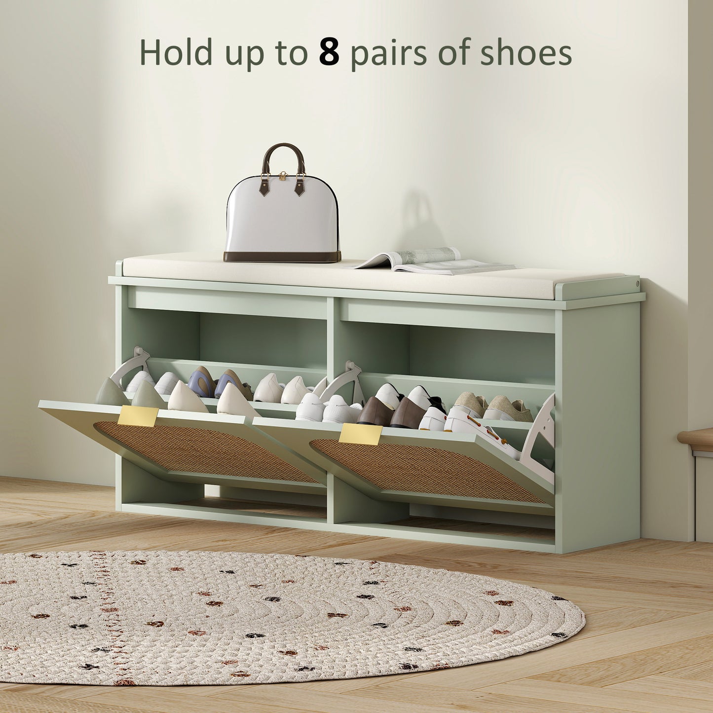 HOMCOM Boho Shoe Bench With Padded Seat And Two Flip Drawers For Entryway Organization In Light Green