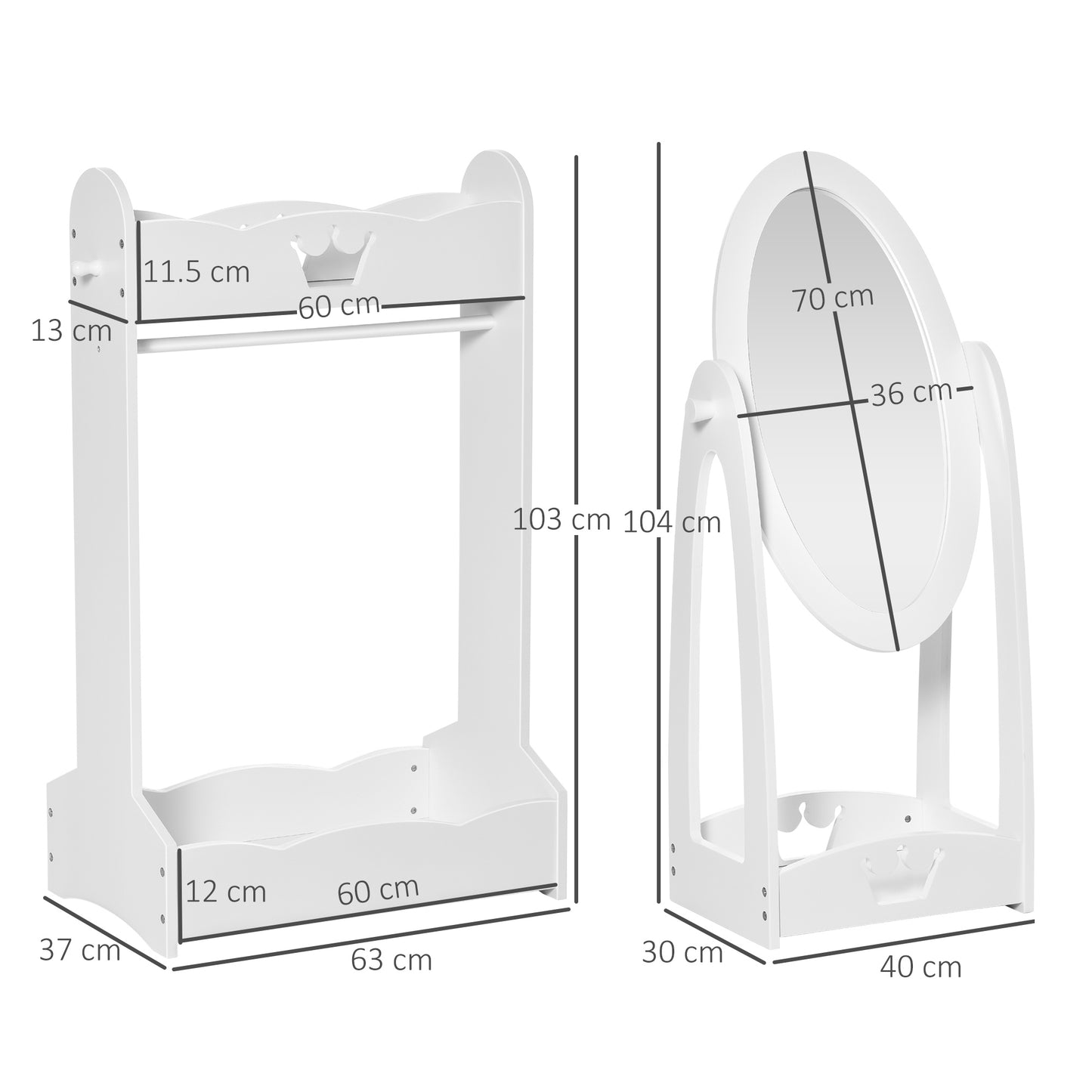 HOMCOM Kids' Vanity Set with Adjustable Mirror, Clothes Rack, and Storage Shelves, White - ALL4U RETAILER LTD