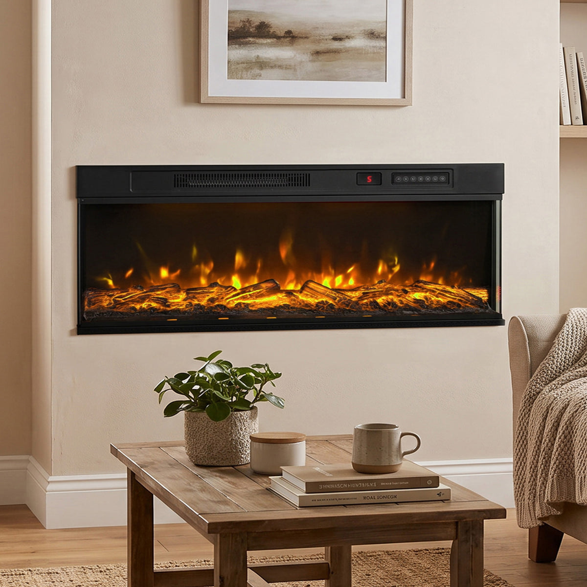 Electric fireplace with three-sided glass, orange flames and glowing ember bed