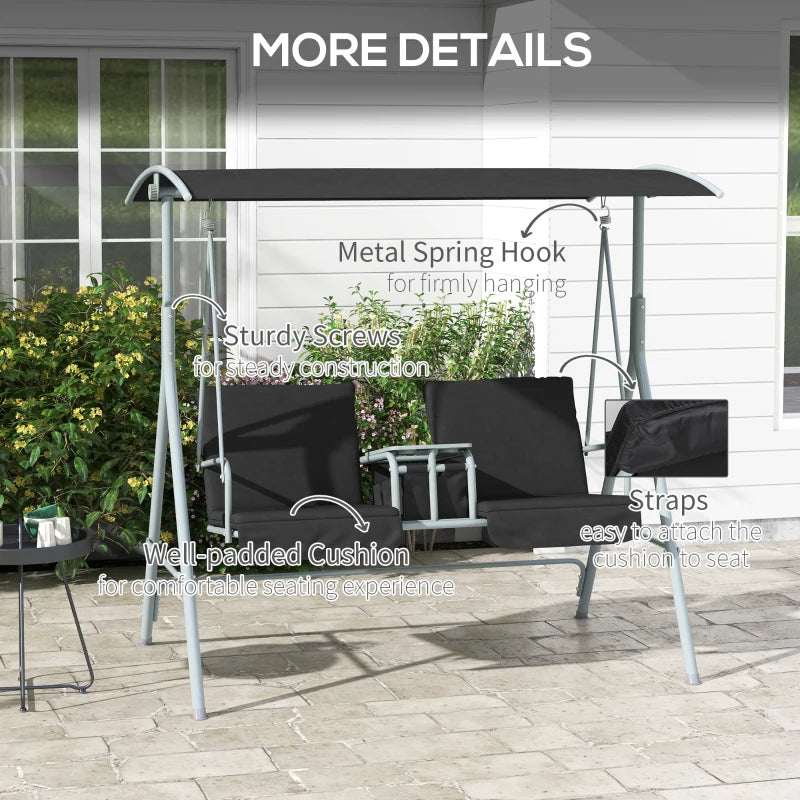 Outsunny 2 Seater Garden Swing Chair with Tilting Canopy, Double Padded Seats, Storage Bag, and Tray - Patio Rocking Bench in Black - ALL4U RETAILER LTD