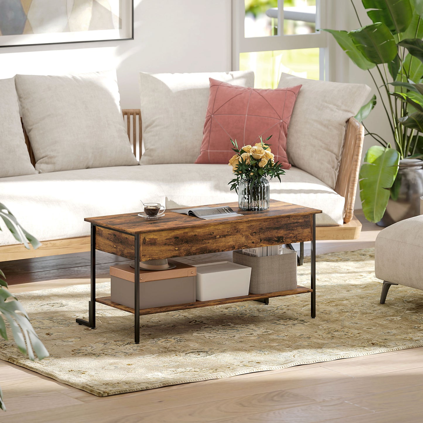 HOMCOM Lift Top Coffee Table With Storage Rustic Brown Modern Centerpiece For Living Room