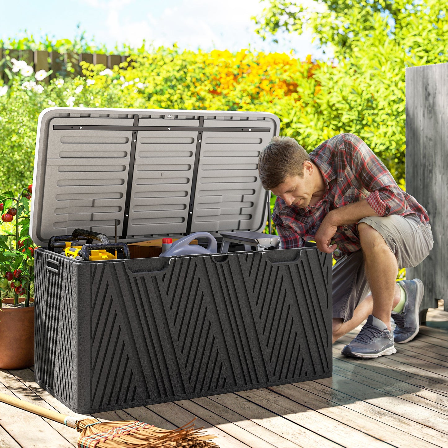 Outsunny 380L Waterproof Outdoor Storage Box With Lockable Lid Black For Garden Tools And Patio Supplies
