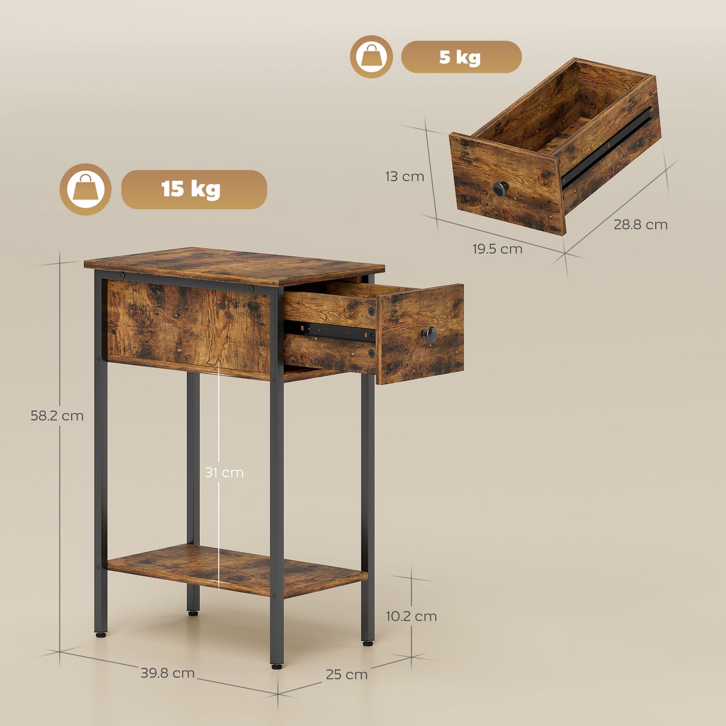 HOMCOM Narrow Side Table With Drawer And Storage Shelf Industrial Rustic Brown And Black Frame